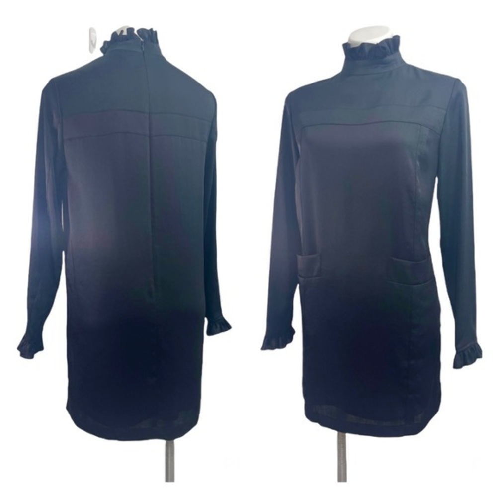 Steve J and Yoni P Black Satin High Frill Neck Shift Dress